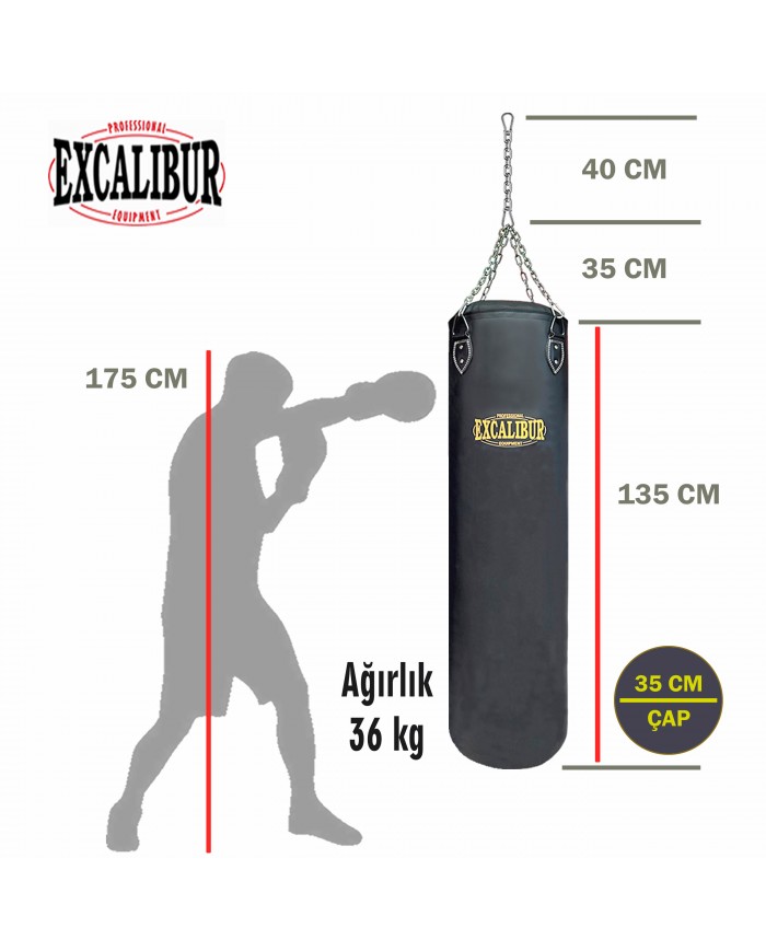 Excalibur 135 X 35 cm - 36 kg Klasik Boks Torbası Siyah