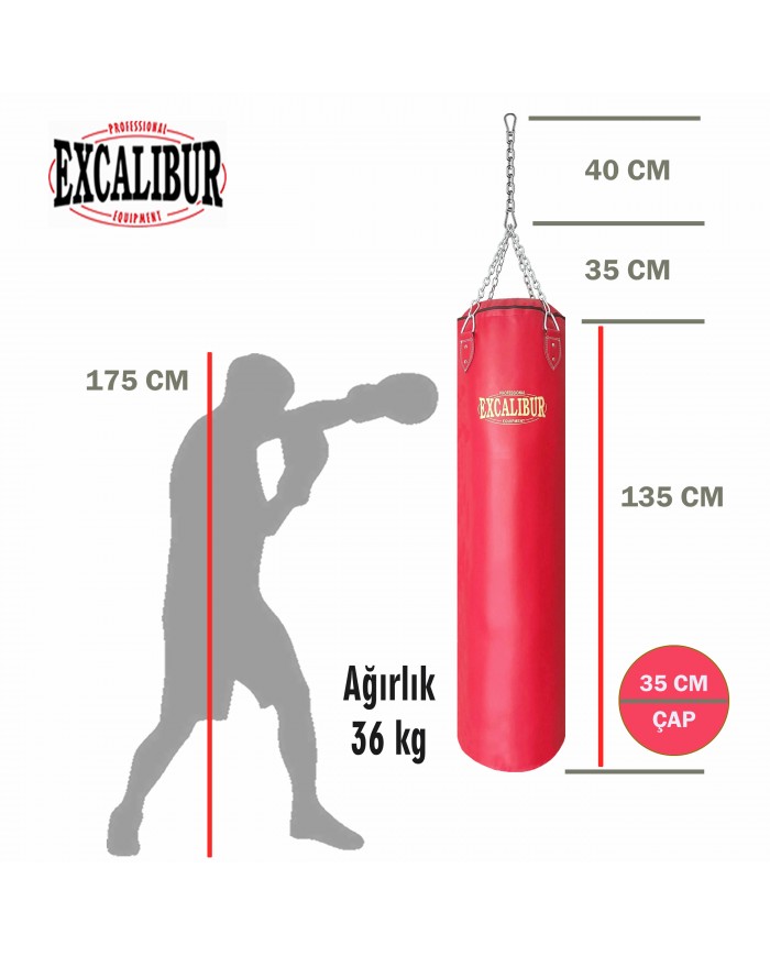 Excalibur 135 X 35 cm - 36 kg Klasik Boks Torbası Kırmızı