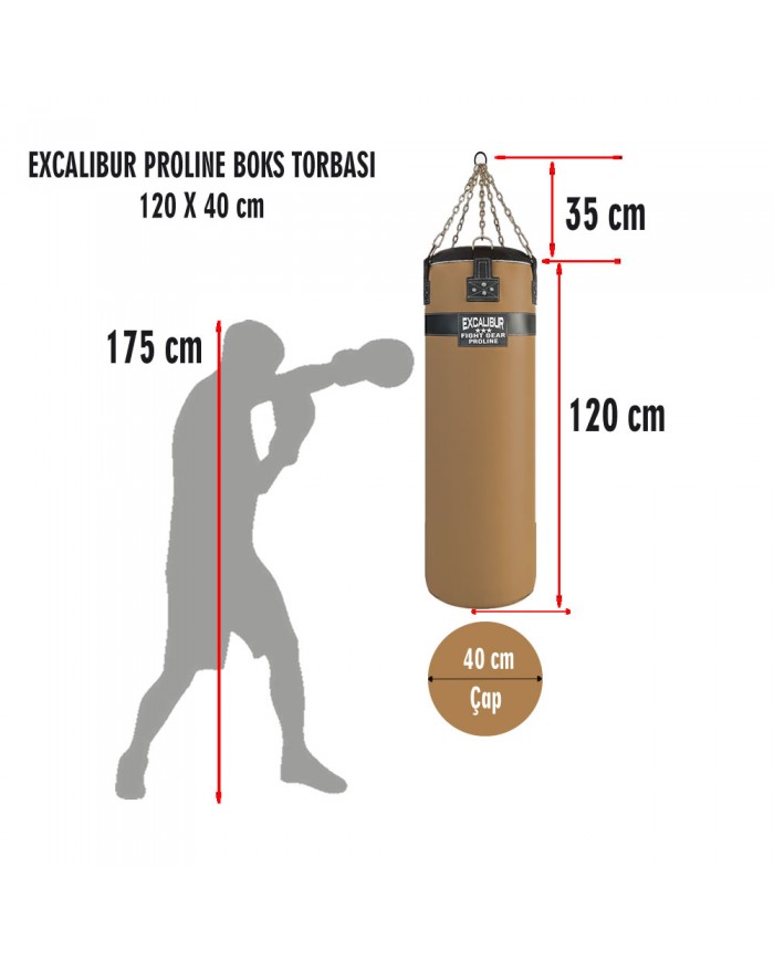 Hakiki Deri 120 x 40 cm 36 Kg Profesyonel Boks Torbası Taba