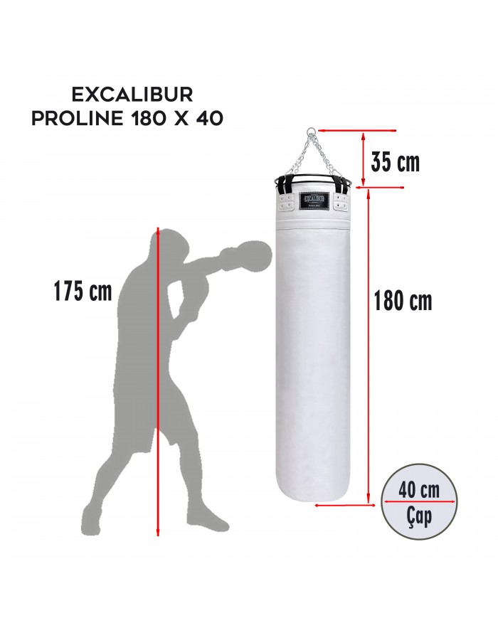 Excalibur Çemberli 180 x 40 cm 65 Kg Profesyonel Boks Torbası Beyaz