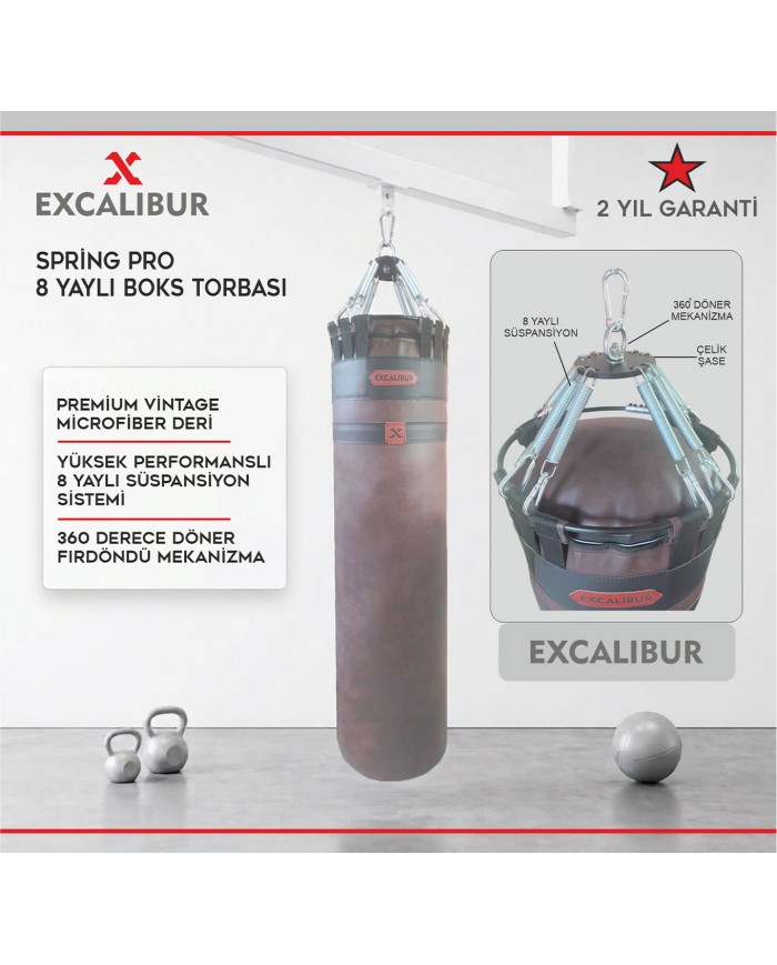 Excalibur Spring Pro 8 Yaylı Profesyonel Boks Torbası 120 x 40 cm Vintage Kahve